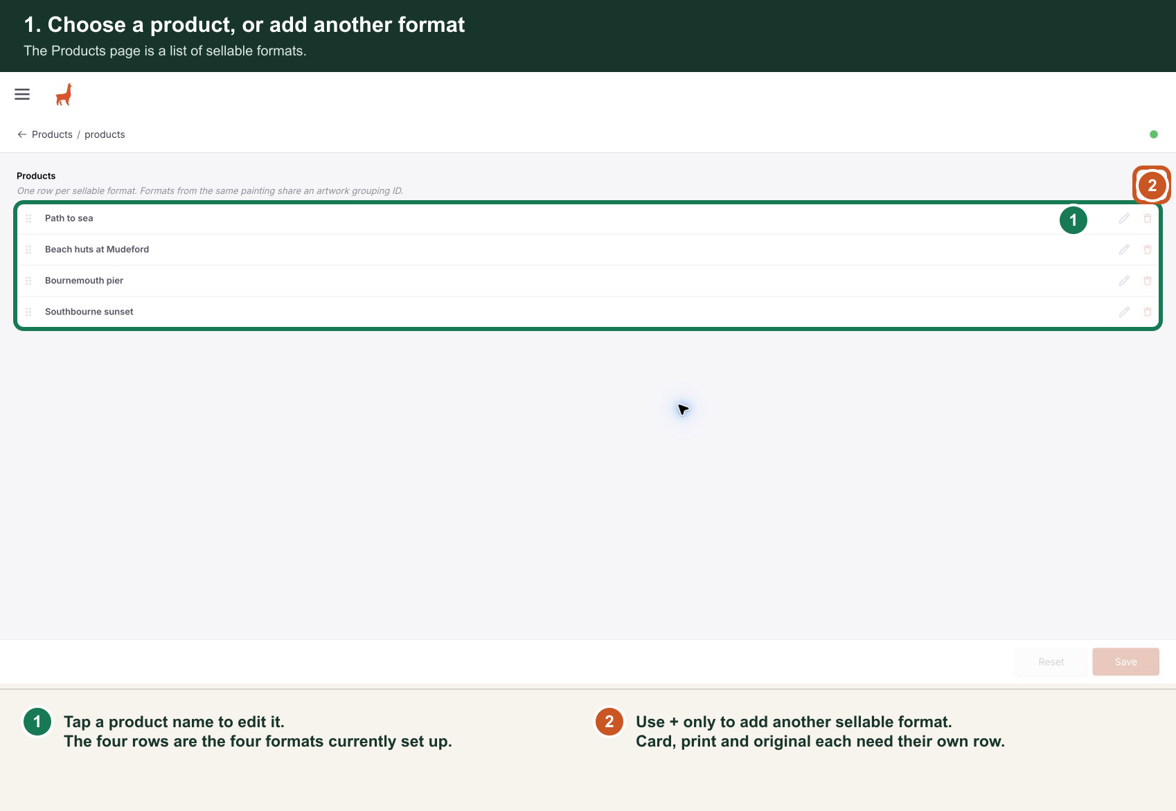 The live TinaCMS Products list annotated with the difference between editing a row and adding another sellable format.
